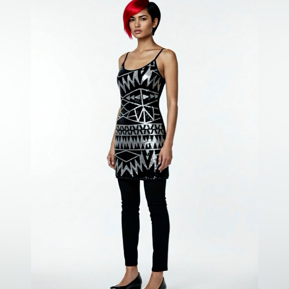 BKE Tank Top Sequined Black & Silver Art Deco Size Medium